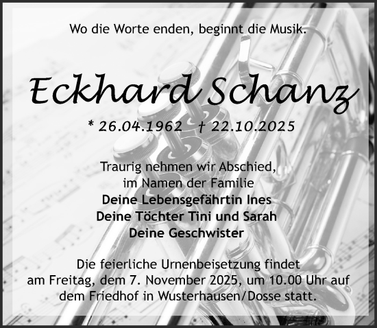 Traueranzeige von Eckhard Schanz von Wochenspiegel