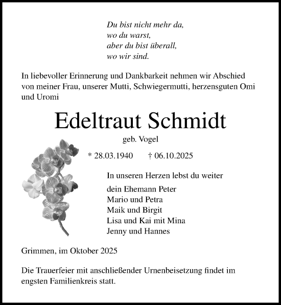 Traueranzeige von Edeltraut Schmidt von Ostsee-Zeitung GmbH