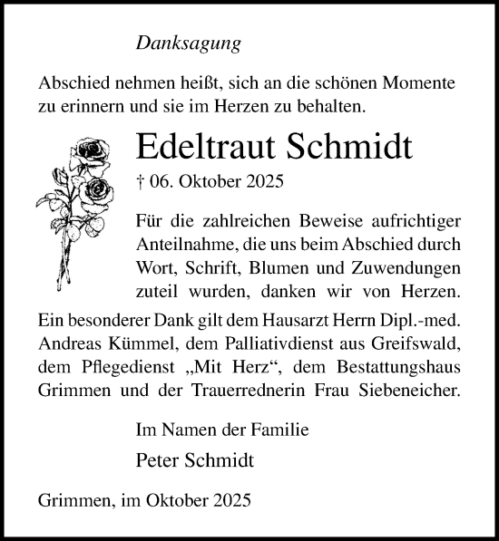 Traueranzeige von Edeltraut Schmidt von Ostsee-Zeitung GmbH