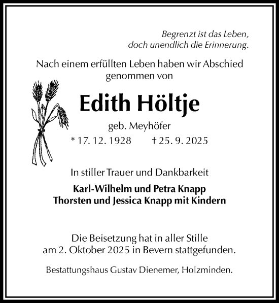 Traueranzeige von Edith Höltje von Täglicher Anzeiger Holzminden
