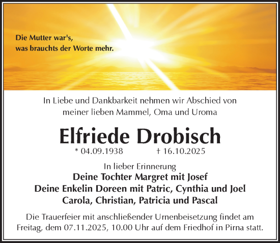 Traueranzeige von Elfriede Drobisch von Sächsische Zeitung