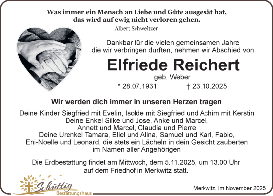Traueranzeige von Elfriede Reichert von Leipziger Volkszeitung