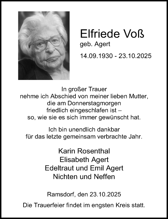 Traueranzeige von Elfriede Voß von Kieler Nachrichten