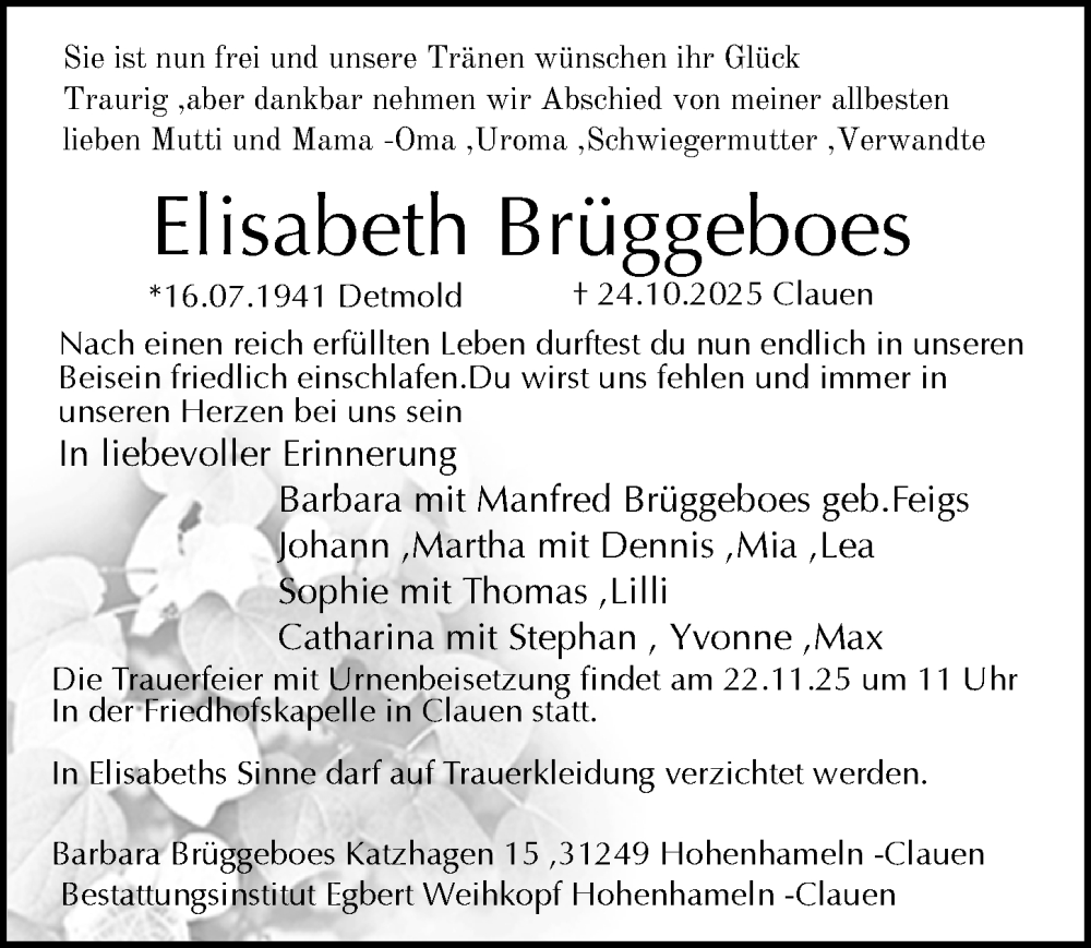  Traueranzeige für Elisabeth Brüggeboes vom 01.11.2025 aus Peiner Allgemeine Zeitung
