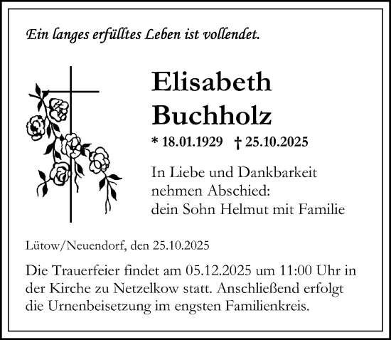 Traueranzeige von Elisabeth Buchholz von Ostsee-Zeitung GmbH