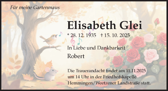 Traueranzeige von Elisabeth Glei von Hannoversche Allgemeine Zeitung/Neue Presse
