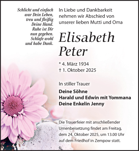 Traueranzeige von Elisabeth Peter von Wochenspiegel