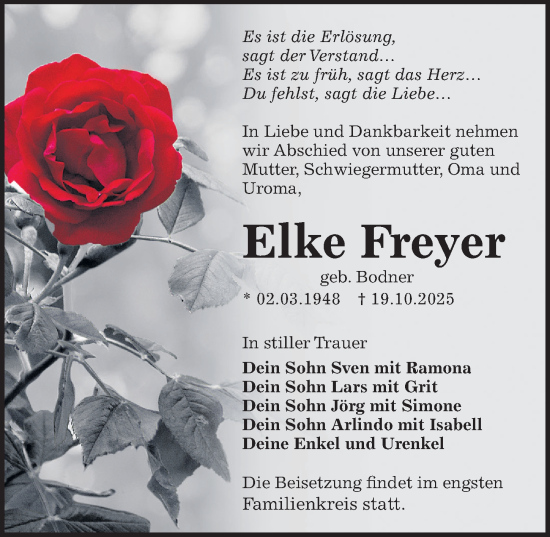 Traueranzeige von Elke Freyer von Sächsische Zeitung