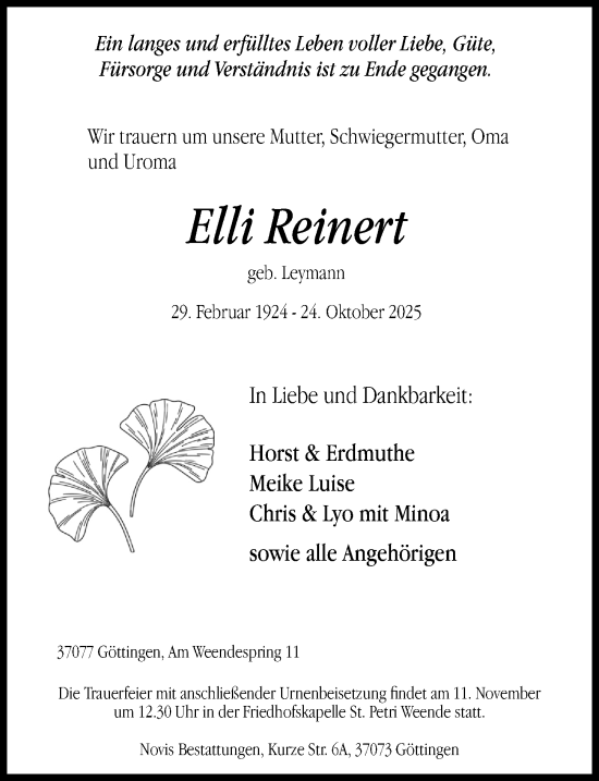 Traueranzeige von Elli Reinert von Göttinger Tageblatt