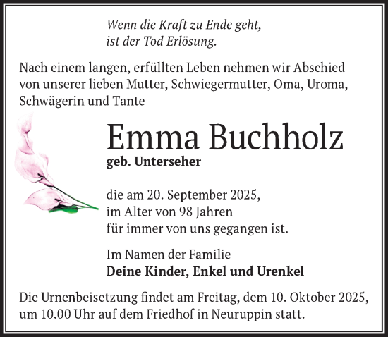 Traueranzeige von Emma Buchholz von Märkischen Allgemeine Zeitung