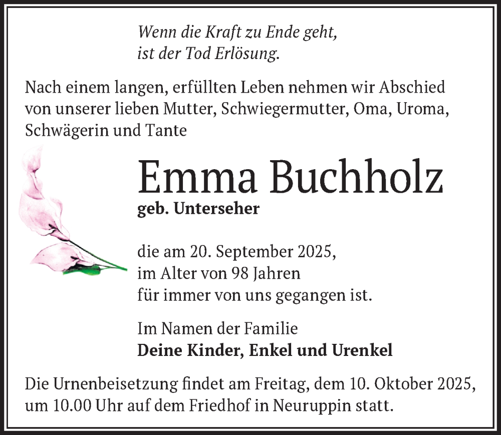  Traueranzeige für Emma Buchholz vom 04.10.2025 aus Märkischen Allgemeine Zeitung