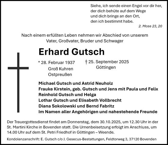 Traueranzeige von Erhard Gutsch von Göttinger Tageblatt