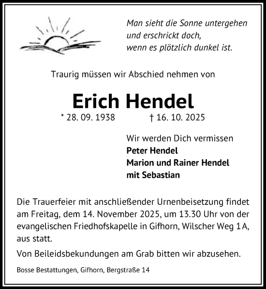 Traueranzeige von Erich Hendel von Aller Zeitung