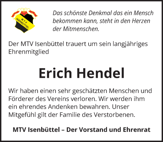 Traueranzeige von Erich Hendel von Aller Zeitung