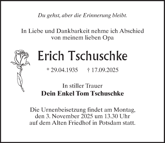 Traueranzeige von Erich Tschuschke von Märkischen Allgemeine Zeitung