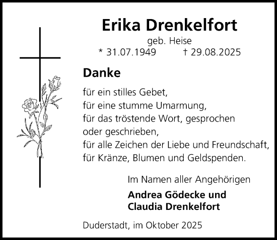 Traueranzeige von Erika Drenkelfort von Eichsfelder Tageblatt