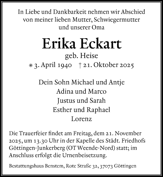 Traueranzeige von Erika Eckart von Göttinger Tageblatt