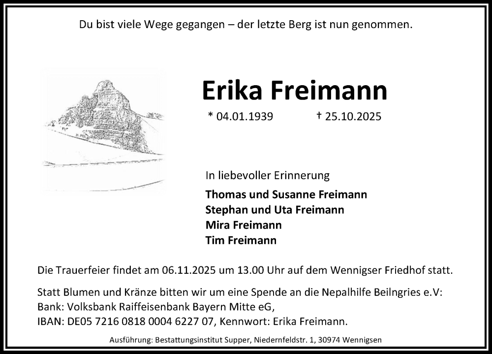  Traueranzeige für Erika Freimann vom 01.11.2025 aus Hannoversche Allgemeine Zeitung/Neue Presse