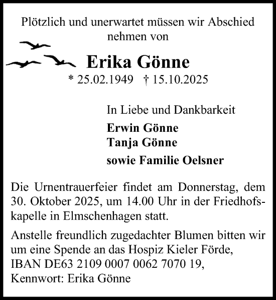 Traueranzeige von Erika Gönne von Kieler Nachrichten