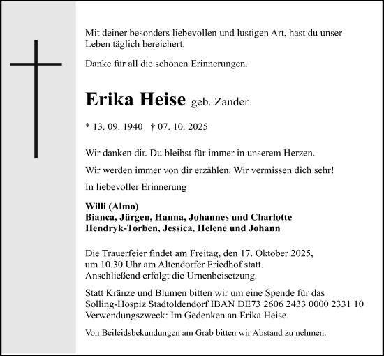 Traueranzeige von Erika Heise von Täglicher Anzeiger Holzminden