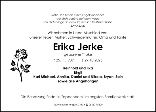 Traueranzeige von Erika Jerke von Aller Zeitung