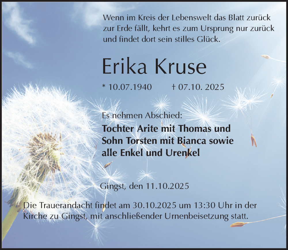  Traueranzeige für Erika Kruse vom 18.10.2025 aus Ostsee-Zeitung GmbH
