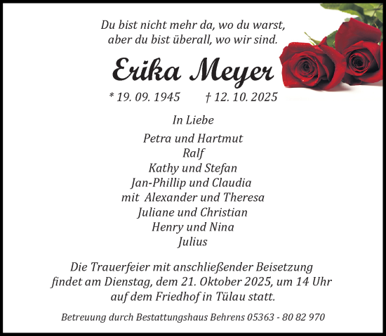 Traueranzeige von Erika Meyer von Aller Zeitung
