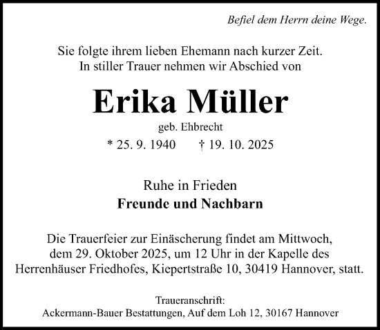 Traueranzeige von Erika Müller von Hannoversche Allgemeine Zeitung/Neue Presse
