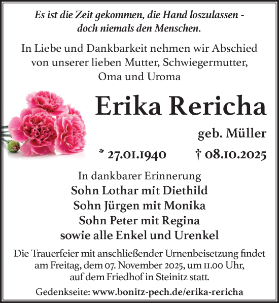Traueranzeige von Erika Rericha von Sächsische Zeitung