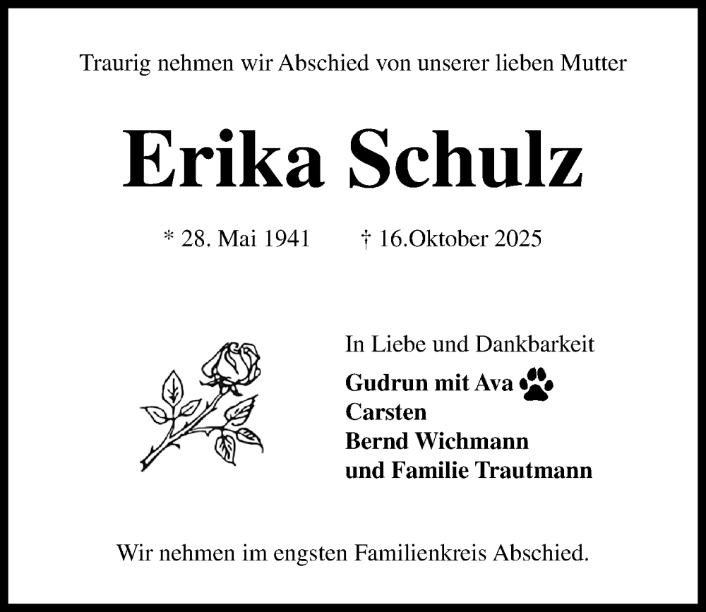  Traueranzeige für Erika Schulz vom 25.10.2025 aus Kieler Nachrichten