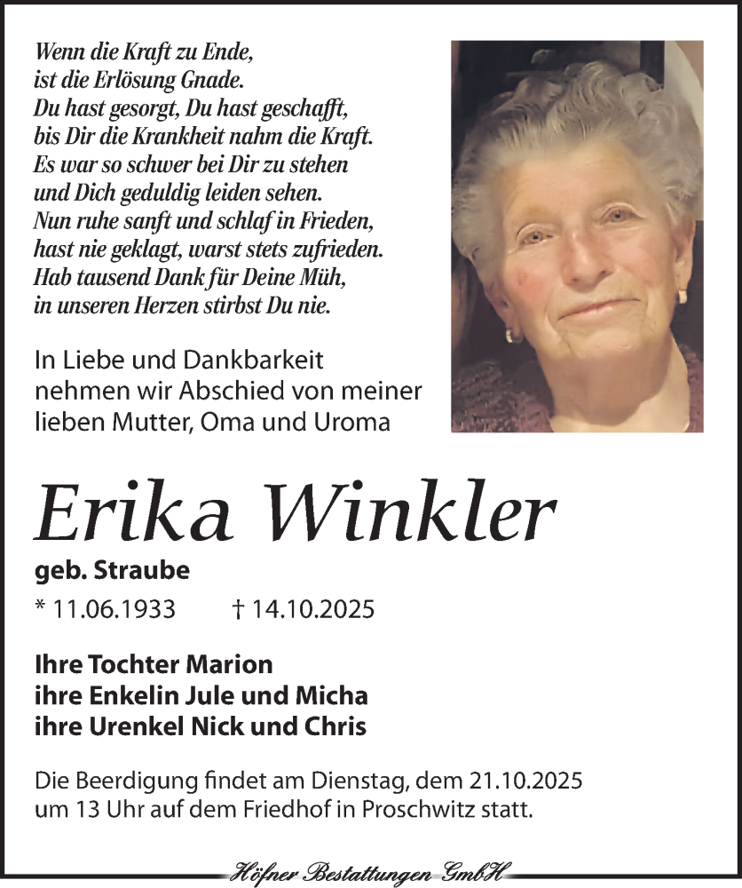  Traueranzeige für Erika Winkler vom 18.10.2025 aus Torgauer Zeitung