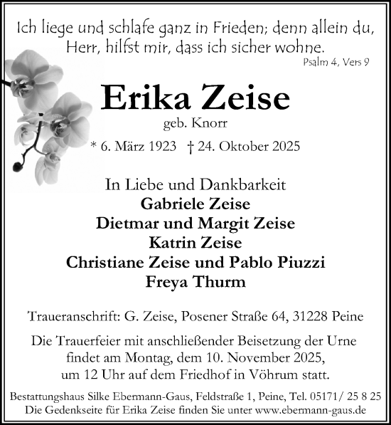 Traueranzeige von Erika Zeise von Peiner Allgemeine Zeitung