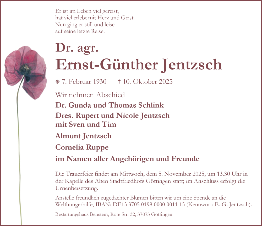  Traueranzeige für Ernst-Günther Jentzsch vom 18.10.2025 aus Göttinger Tageblatt