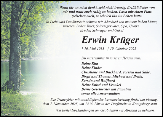 Traueranzeige von Erwin Krüger von Wochenspiegel