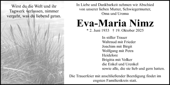Traueranzeige von Eva-Maria Nimz von Ostsee-Zeitung GmbH