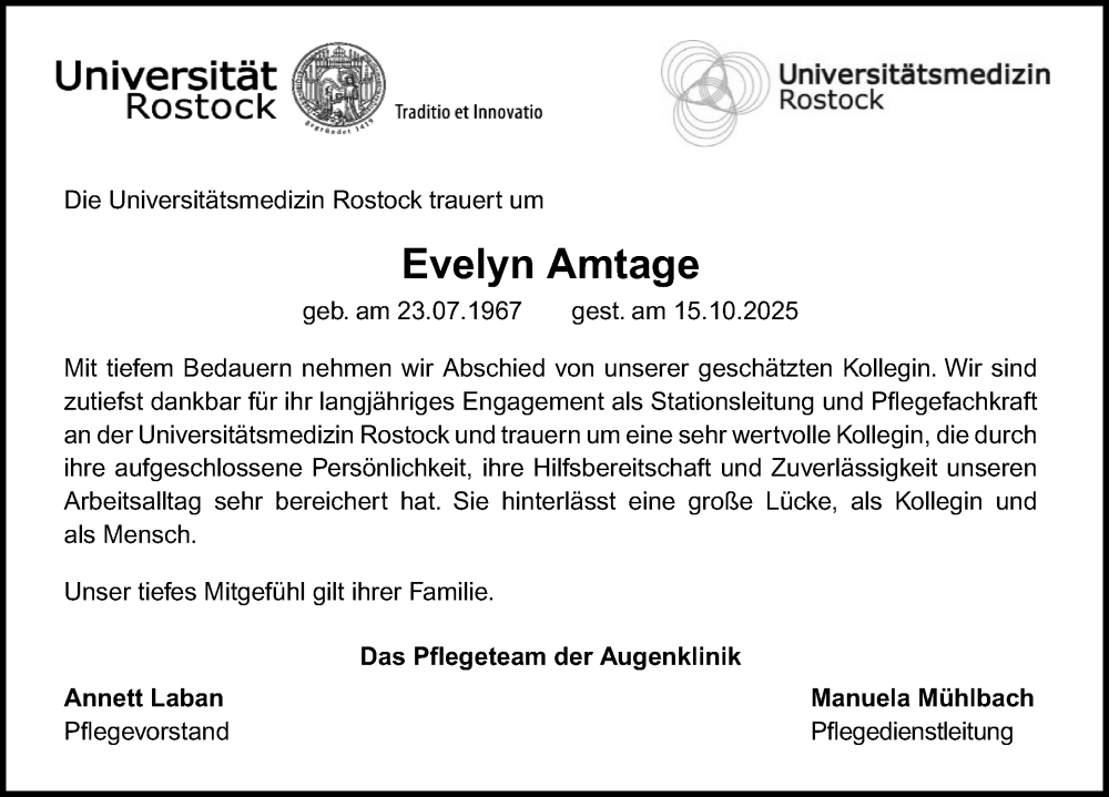  Traueranzeige für Evelyn Amtage vom 01.11.2025 aus Ostsee-Zeitung GmbH
