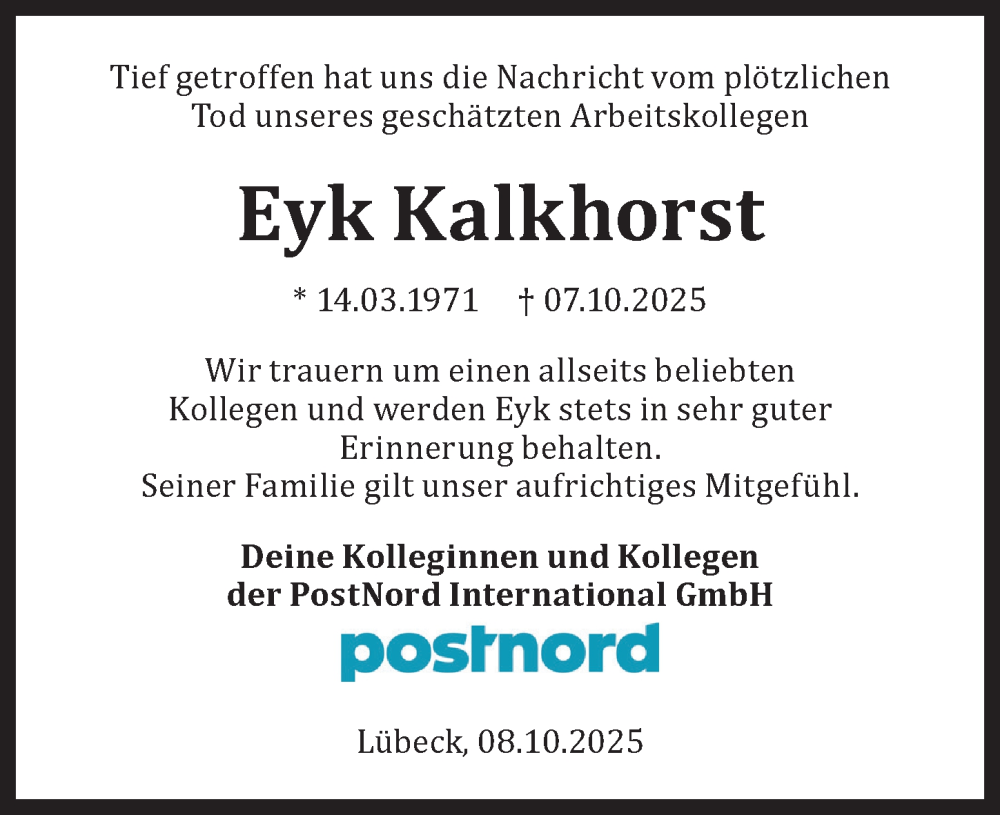  Traueranzeige für Eyk Kalkhorst vom 12.10.2025 aus Lübecker Nachrichten