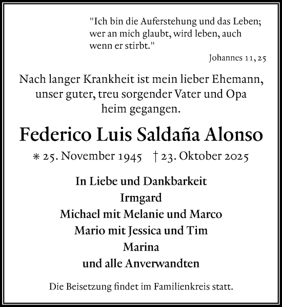 Traueranzeige von Federico Luis Saldaña Alonso von Göttinger Tageblatt