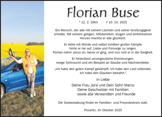 Traueranzeige von Florian Buse von Ostsee-Zeitung GmbH