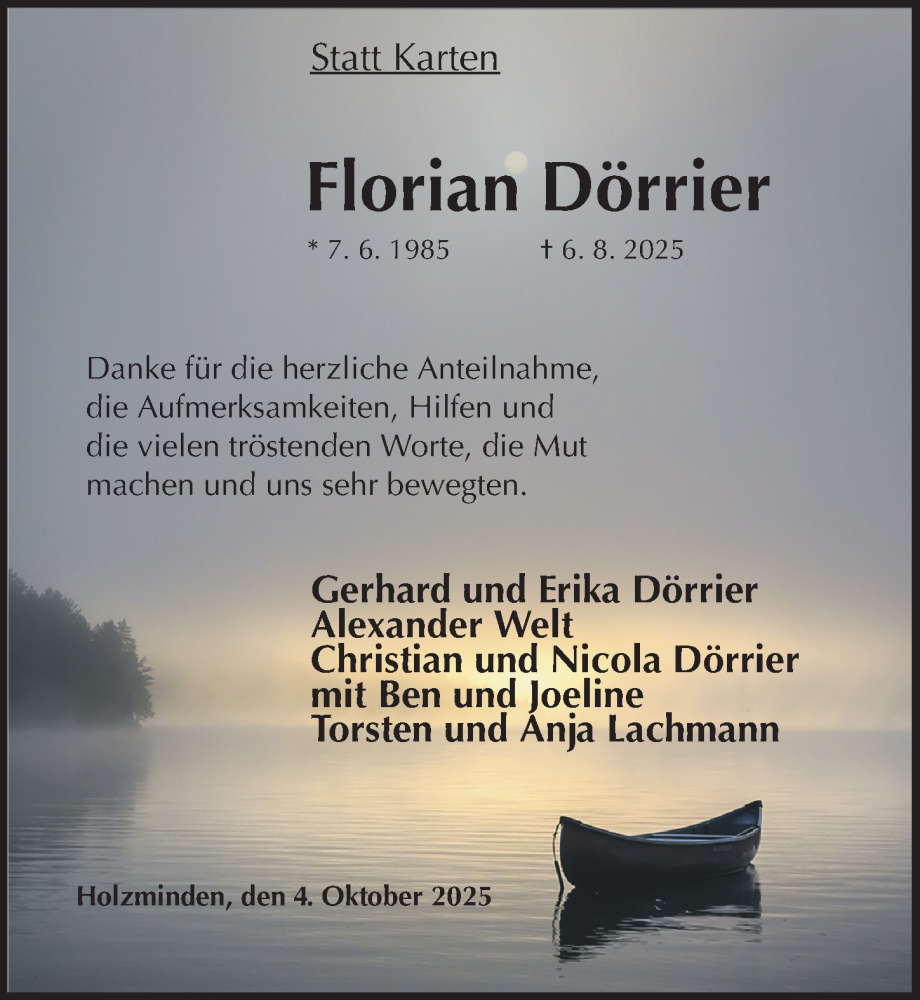  Traueranzeige für Florian Dörrier vom 04.10.2025 aus Täglicher Anzeiger Holzminden