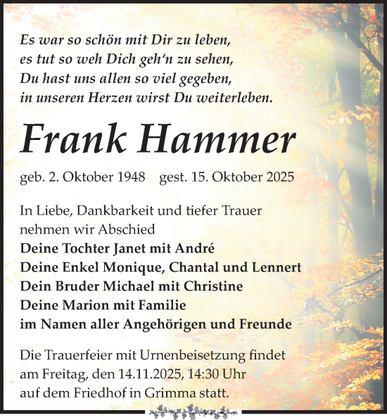 Traueranzeige von Frank Hammer von Leipziger Volkszeitung