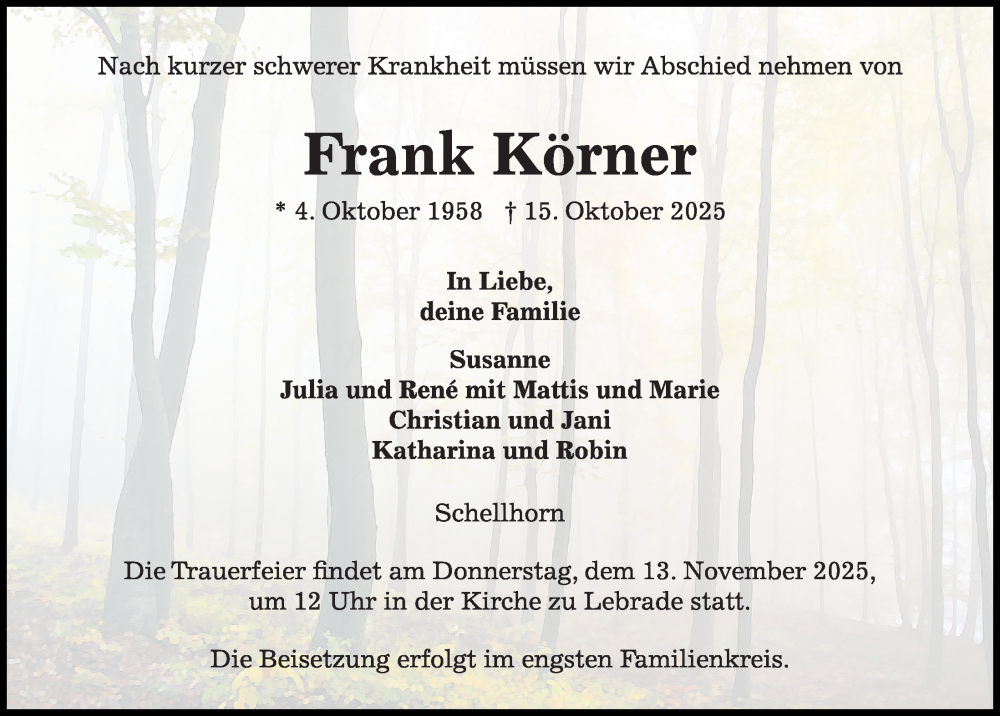  Traueranzeige für Frank Körner vom 01.11.2025 aus Kieler Nachrichten