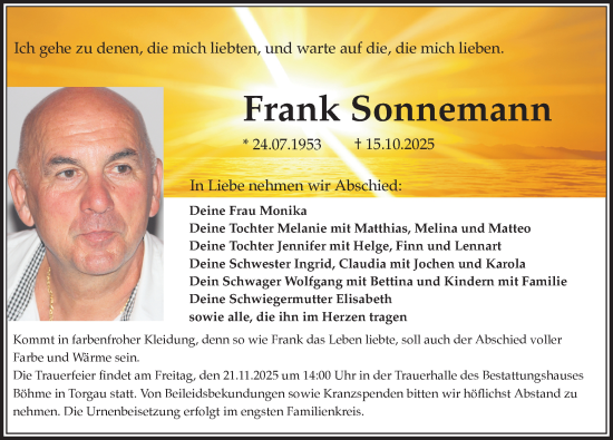 Traueranzeige von Frank Sonnemann von Torgauer Zeitung