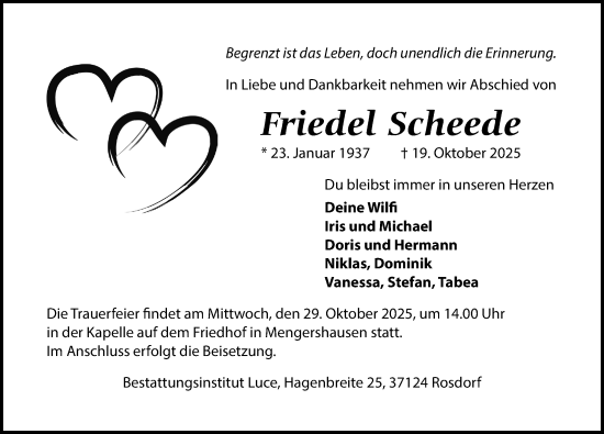 Traueranzeige von Friedel Scheede von Göttinger Tageblatt