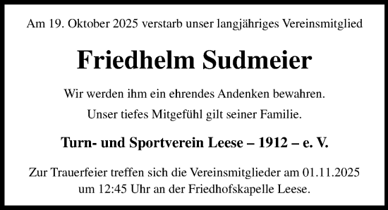 Traueranzeige von Friedhelm Sudmeier von Die Harke