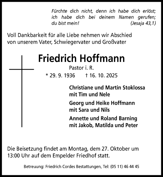 Traueranzeige von Friedrich Hoffmann von Hannoversche Allgemeine Zeitung/Neue Presse