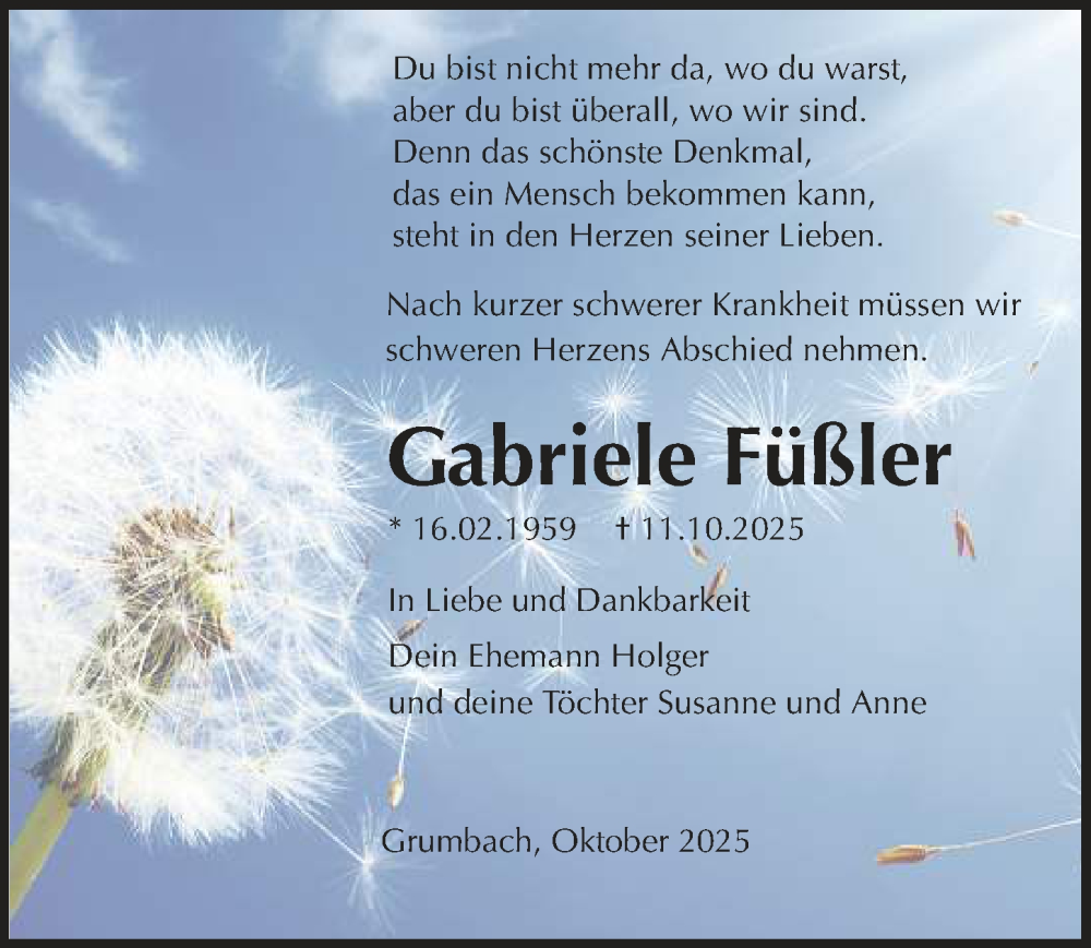  Traueranzeige für Gabriele Füßler vom 25.10.2025 aus Sächsische Zeitung