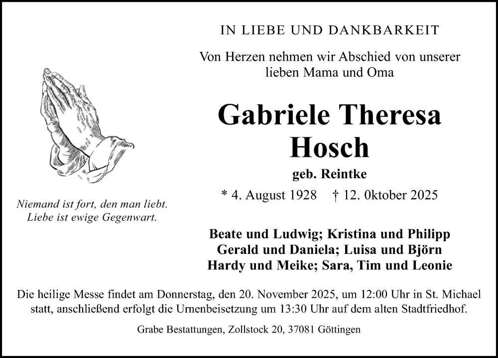  Traueranzeige für Gabriele Theresa Hosch vom 25.10.2025 aus Göttinger Tageblatt