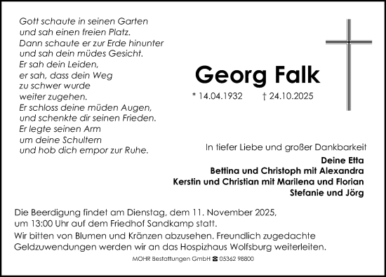 Traueranzeige von Georg Falk von Aller Zeitung