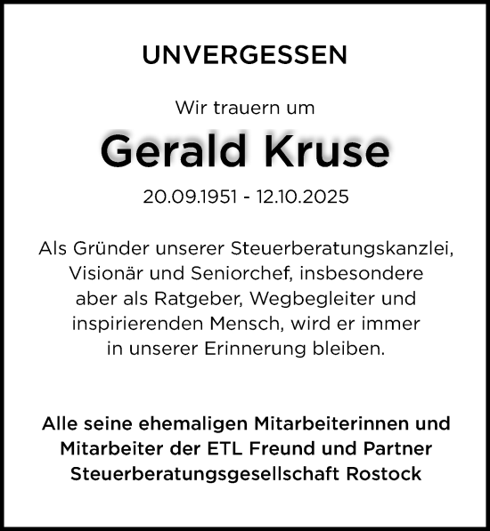 Traueranzeige von Gerald Kruse von Ostsee-Zeitung GmbH